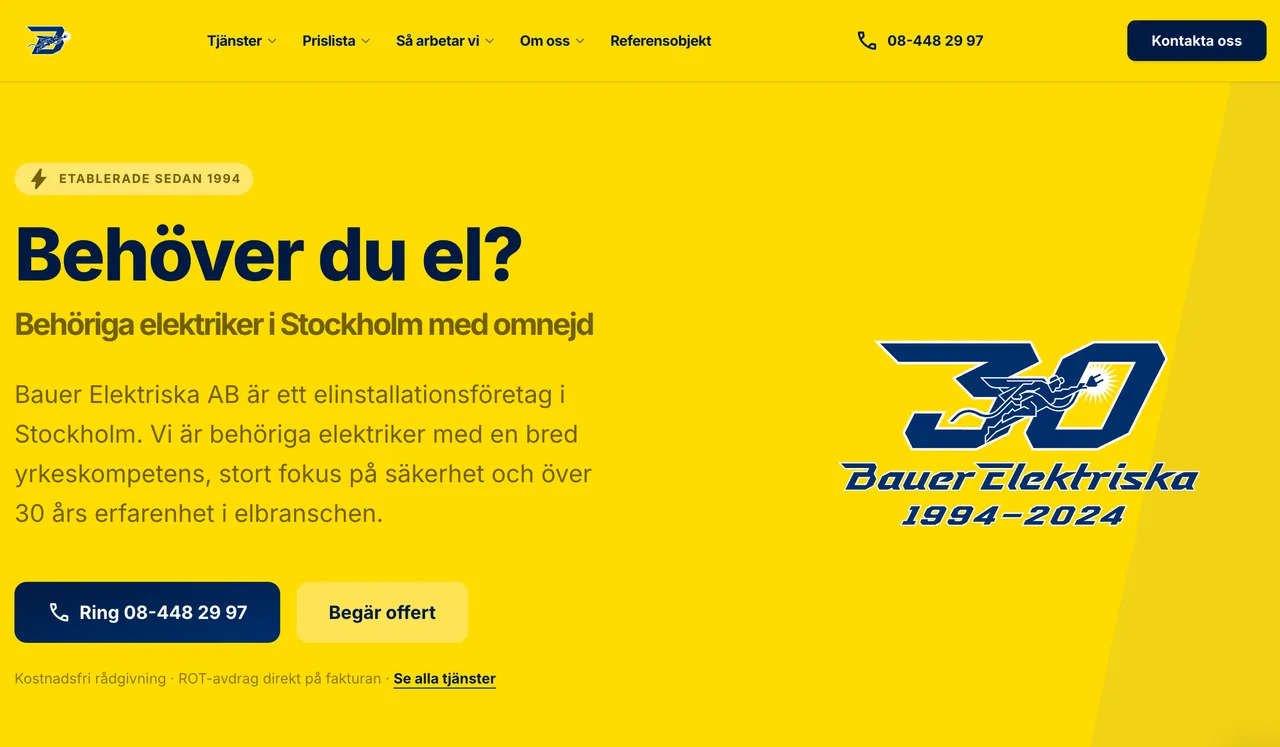 Startsidan för Bauer Elektriska, elinstallationsföretag i Stockholm, med rubriken Behöver du el?