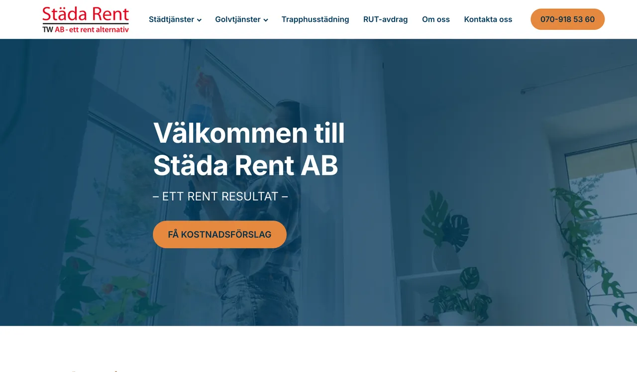 Startsidan för Städa Rent, städföretag med städtjänster, golvtjänster och trapphusstädning